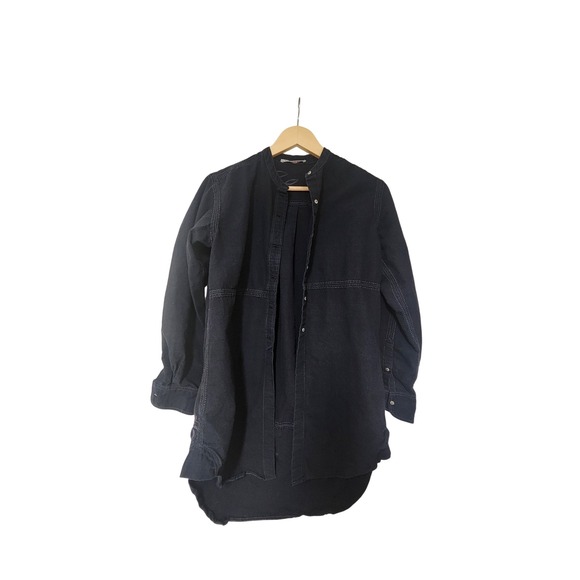 Péro Women's Black Denim Tunic Top Collarless Long Sleeve Button Down - Picture 1 of 8